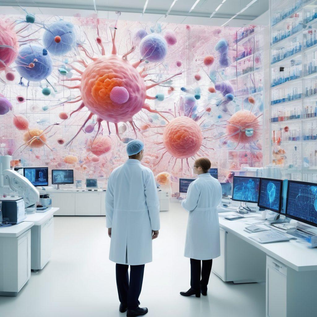 A dynamic collage showcasing the latest advancements in oncology, featuring laboratory scenes with scientists in white coats working with test tubes, a digital display of cancer cell structures, and vibrant illustrations of innovative cancer treatments. The background should have flowing data streams representing research and technology, symbolizing progress. super-realistic. vibrant colors. white background.