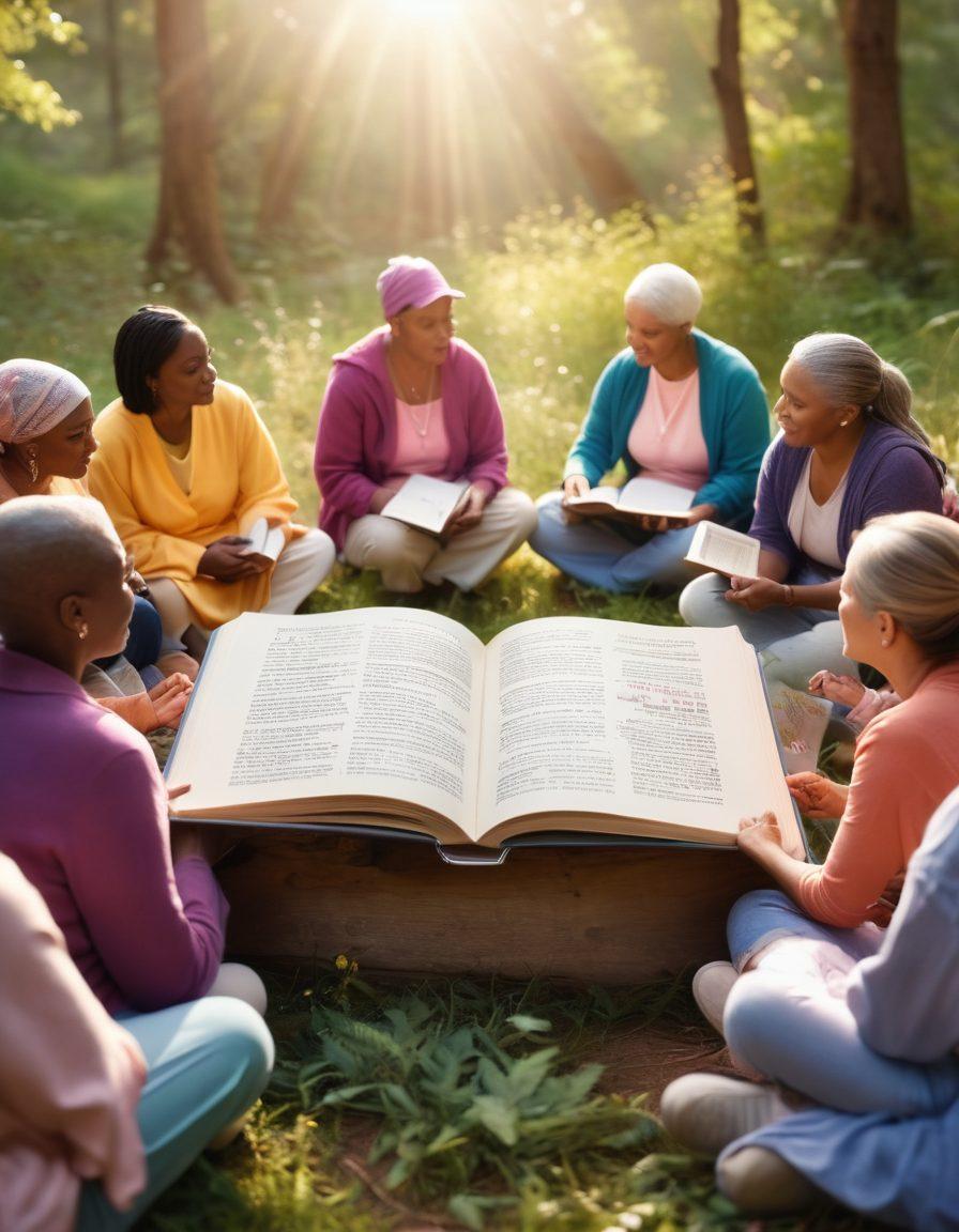 A strong, diverse group of cancer survivors gathered in a supportive circle, sharing stories and knowledge. One person holds a bright, open book with illustrations of healthy practices and advocacy signs. Soft lighting creates an uplifting atmosphere, while a background of gentle nature symbolizes healing. The scene radiates hope and empowerment. super-realistic. vibrant colors. soft focus.