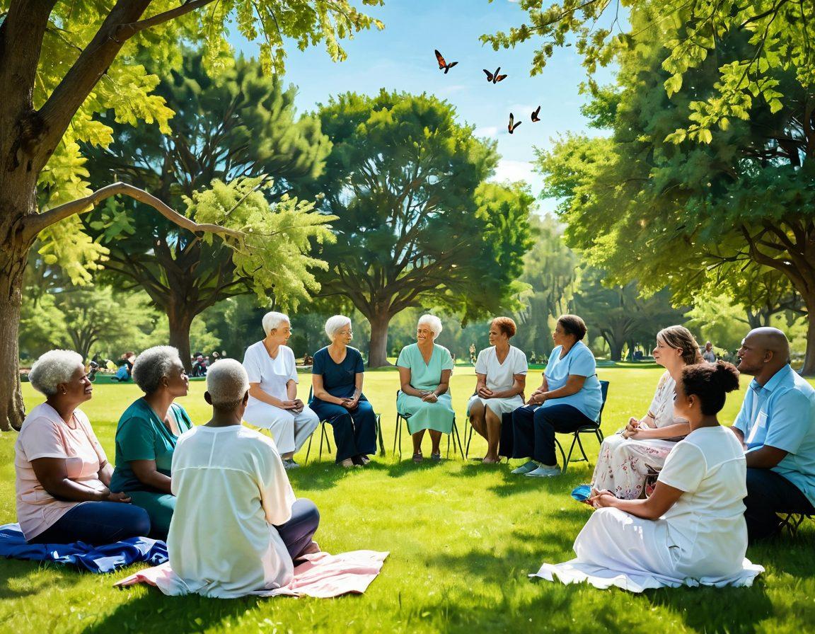 A serene scene depicting a diverse group of cancer patients and their supporters gathered in a lush, green park, engaging in a support group session. Include elements symbolizing hope and healing, such as blooming flowers and a bright blue sky. Add visual metaphors of recovery like butterflies or doves in flight. The atmosphere should feel warm and inviting, radiating positivity and encouragement. super-realistic. vibrant colors. soft focus.